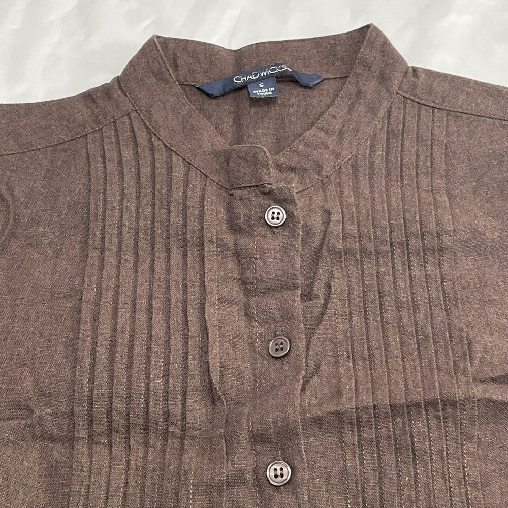 Chadwicks Women Linen Blouse Shirt Size S Brown Button Darted Long Sleeve Tufted